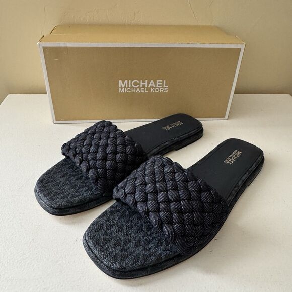Michael Kors Amelia Dark Denim Braided Slip On Slide Womens Sandals Sz 8 - Picture 1 of 6
